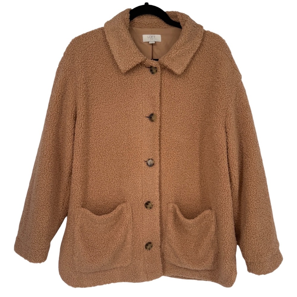 LOFT Womens Tan Teddy Bear Sherpa Fleece Button Jacket Coat Size Large Petite
